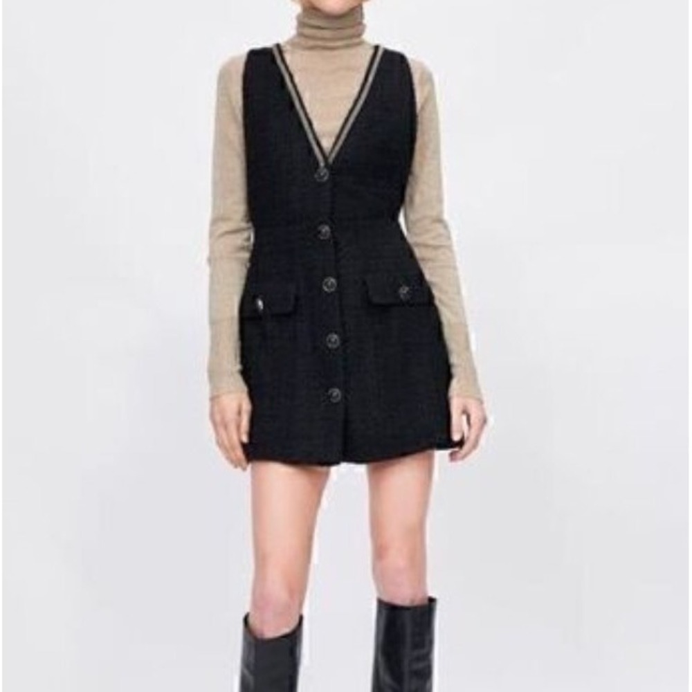 ZARA Pinafore Overall Jumpsuit Mini Dress Black Tweed Dark Acadamia Whimsgoth XS - Picture 1 of 8